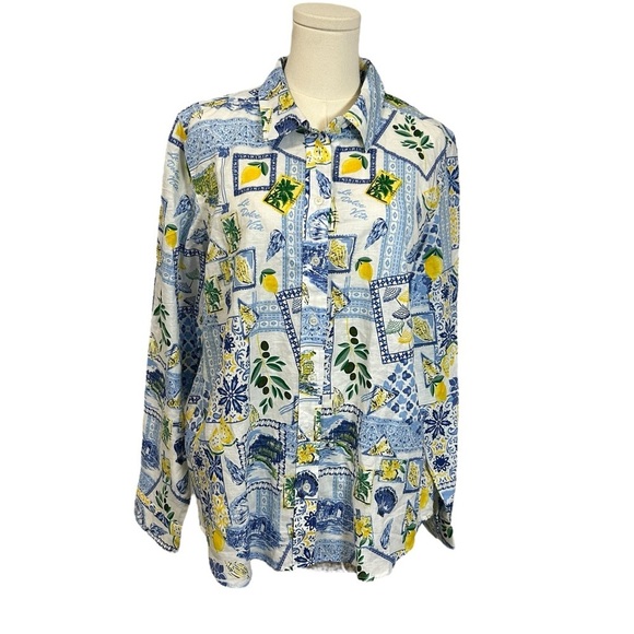 J Crew shirt womens white Beach Ocean 60% linen long sleeve button blue Sz L - Picture 12 of 12